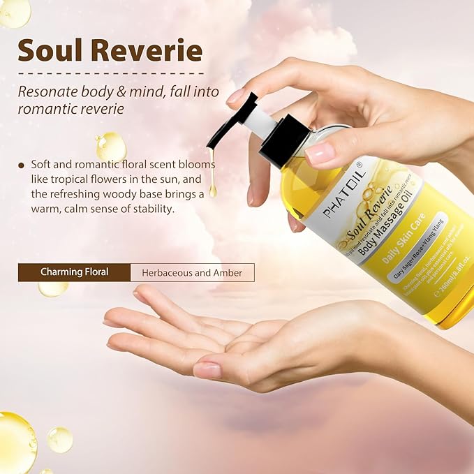 PHATOIL 260ML YlangYlang Body Massage Oil for with Clary Sage and Rose Oil, Large Bottle Body & Facial Oil for Nourishing Skin, Muscle, Scented Body Oil for After Shower(8.8FL.OZ)