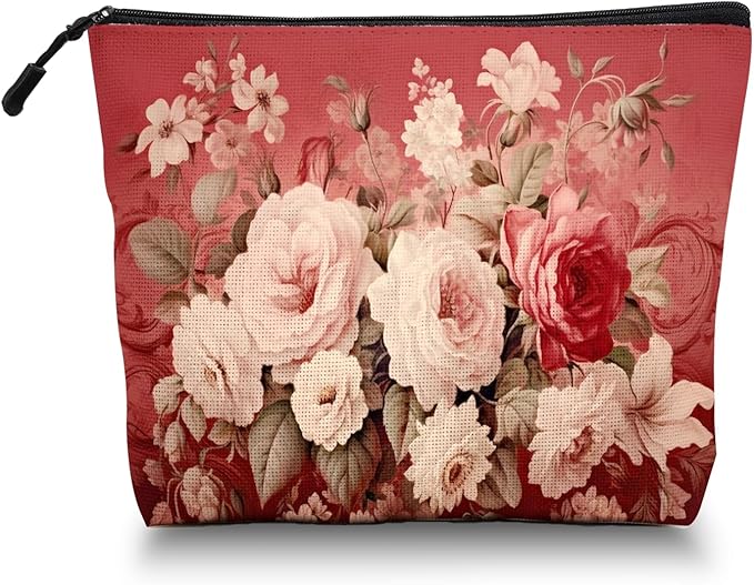Cosmetic Bags Travel Makeup Toilet Case Waterproof Pouch for Women Girls 6.7X9.45inches - Assorted Pale - Colored Flowers on A Red Ornamental Background