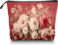 Cosmetic Bags Travel Makeup Toilet Case Waterproof Pouch for Women Girls 6.7X9.45inches - Assorted Pale - Colored Flowers on A Red Ornamental Background