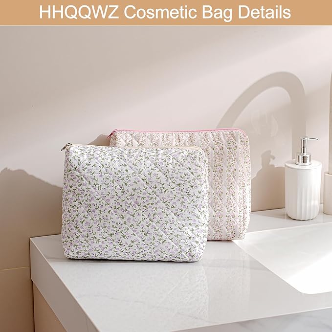Makeup Bag Travel Cosmetic Bag for Women Girls, Zipper Make Up Pouch, Floral Flowers Toiletry Organizer Makeup, Portable Storage Cosmetic Travel Cloth Bag (L/Pink Floral)