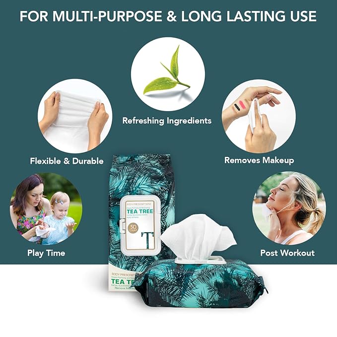 Body Prescription Makeup Cleansing Wipes - Gentle and Effective Face Wipes, 50 Count (Pack of 4), Tea-Tree