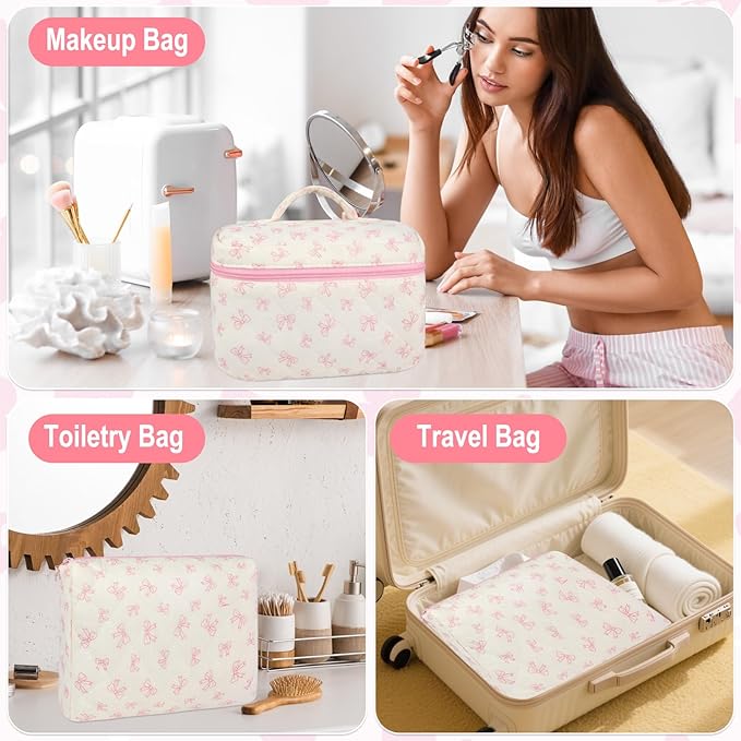 3Pcs Makeup Bag Quilted Cotton Cosmetic Bags for Women Large Small Pink Bow Makeup Pouch Set Cute Coquette Floral Travel Bags Portable Skincare Toiletry Bag Vintage Puffy Essential Organizer