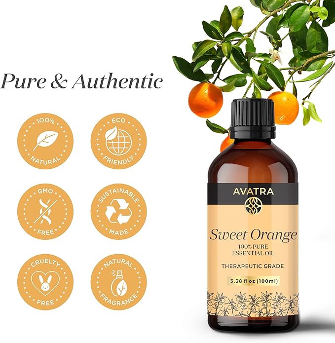 Avatra Brazilian Sweet Orange Essential Oil 100ml (3.38oz) - 100% Pure & Natural Orange Oil with Glass Dropper & Travel Bottle - Premium Essential Oil for Diffuser, Aromatherapy, Massage & DIY Candles