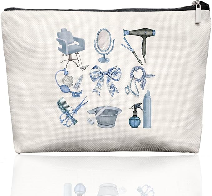 Blue Chinoiserie Bow Hairstylist Makeup Bag, Cosmetology Student Gift for Women, Cute Hairdresser Travel Pouch, Aesthetic Blue Toile Salon Organizer for Teen Girls, 7.5 x 10 in