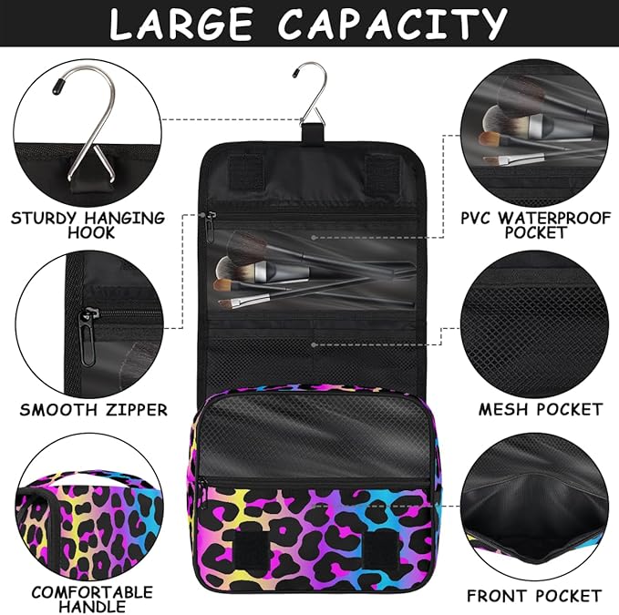 Travel Toiletry Bag for Women & Men Leopard Colorful Skin Hanging Cosmetic Organizer Portable Waterproof Makeup Case Make Up Bag with Compartments Travel Essentials for Bathroom Shower