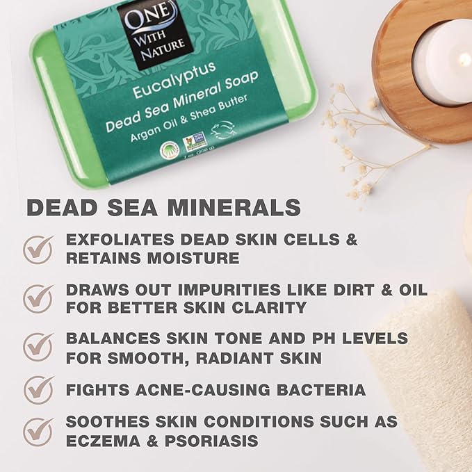 One With Nature Eucalyptus Soap 7oz 3-Pack – Rejuvenating and Exfoliating Soap Bar with Dead Sea Salt for Face & Body, for Men & Women
