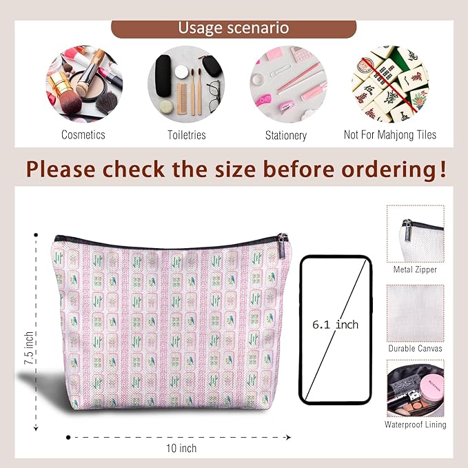 Pink Chinoiserie Mahjong Makeup Bag, Mahjong Gifts for Women Cosmetic Bags, Gifts for Mah Jong Players Lovers Makeup Zipper Pouch