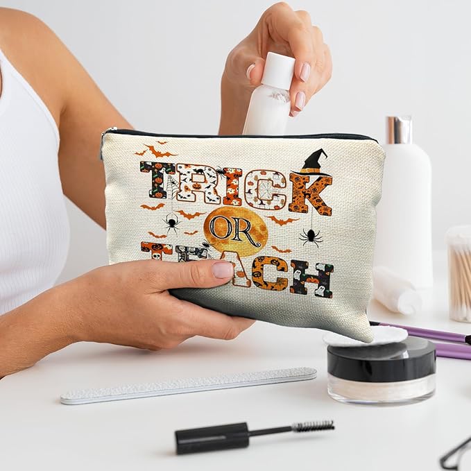 Halloween Makeup Bag for Teacher, Halloween Teacher Gifts for Women, Halloween Spider Bat Cosmetic Bags for Women, Funny Trick or Teach Makeup Pouch, Halloween Funny Makeup Bag
