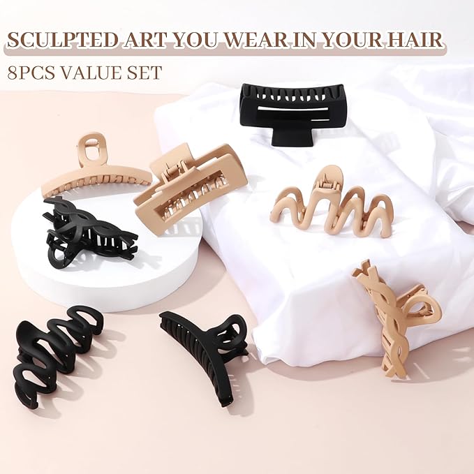 Matte Non-Slip Large Hair Clips for Women 8PCS (4 Beige+4 Black), Durable Claw Clips for Women/Girls | Gift-Ready Neutral Hair Accessories for Daily & Special Occasions