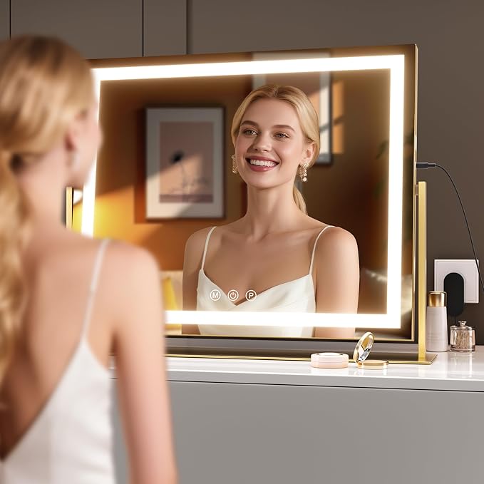 Hasipu Vanity Mirror with Lights, 23.6" x 18.1" LED Makeup Mirror, Light up Mirror with 10X Magnification, USB Charging Port, Smart Touch 3 Colors Dimmable, 360° Rotation (Gold)
