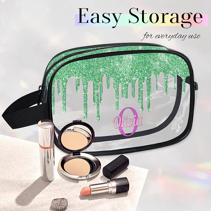 Personalized Name Toiletry Bag, Transparent PVC Large Travel Cosmetic Bag Portable Makeup Organizer Bag for Women Bathroom Shower Essentials, Water Flow Shape Lime Green Glitters