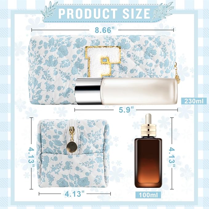 Personalized Quilted Cosmetic Bag, Puffy Monogrammed Christmas Birthday Gifts for Women & Girls, Cute initial Floral Makeup Bag Puffer Coquette Bag, Aesthetic Travel Toiletry Zipper Pouch(Blue,F)