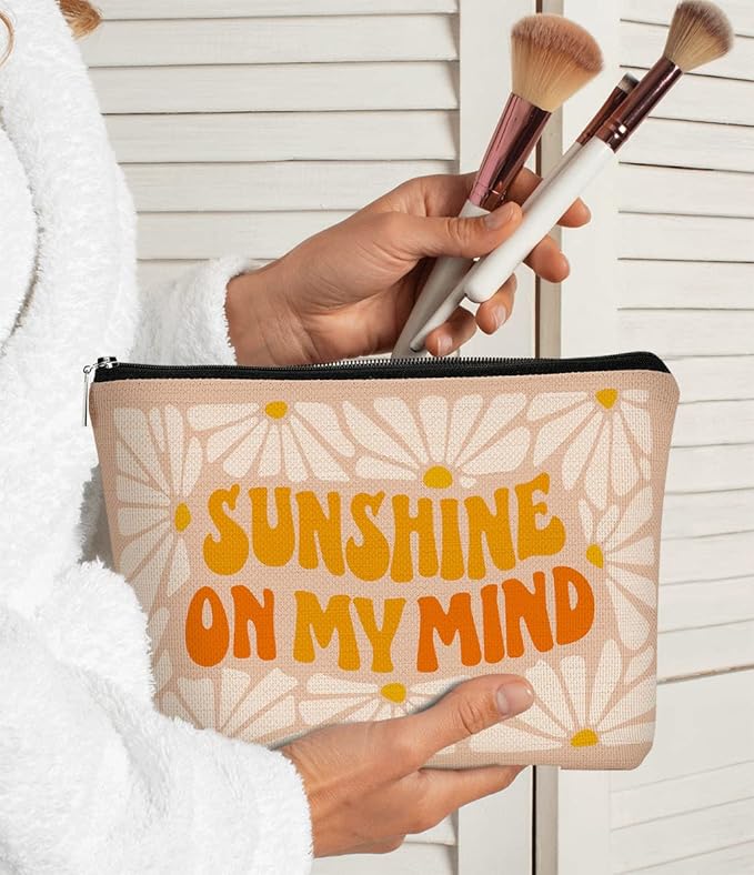 Sunshine on My Mind Pink White Orange Daisy Inspirational Cosmetic Bag Makeup Bag Gift for Teen Girls,Birthday Christmas Gifts for Women Friends Mom Wife Grandma Daughter Teacher Coworker