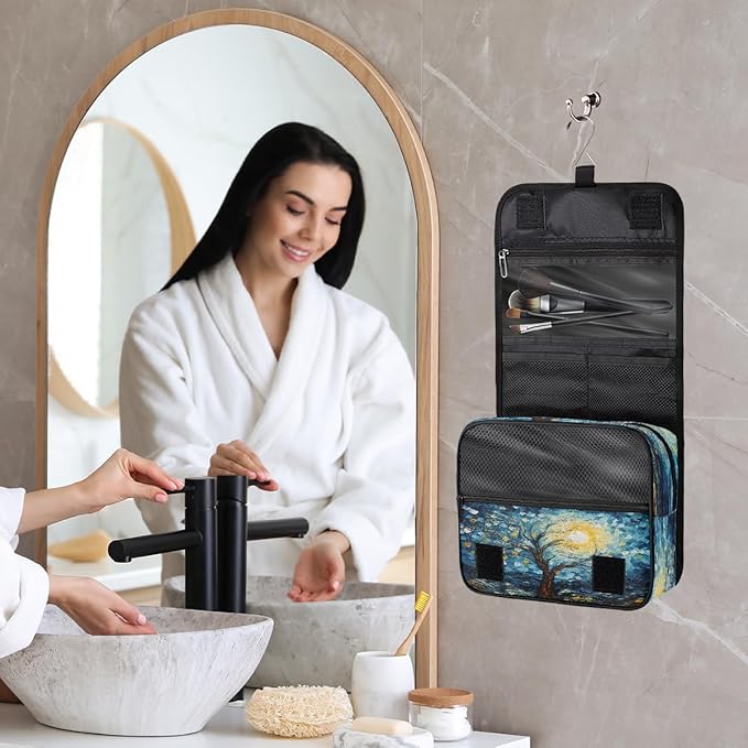 Travel Toiletry Bag for Women & Men Abstract Tree Starry Sky Hanging Cosmetic Organizer Portable Waterproof Makeup Case Make Up Bag with Compartments Travel Essentials for Bathroom Shower