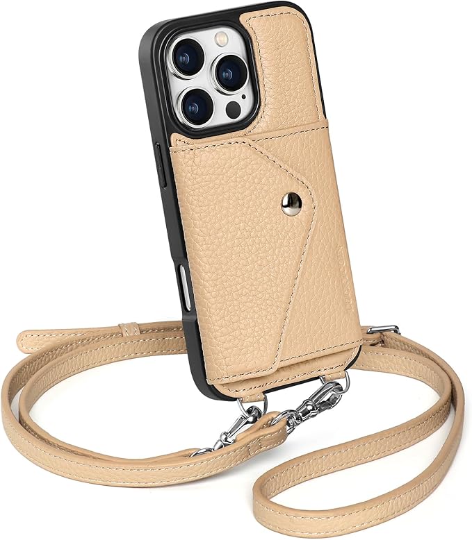 LUCKYCOIN Crossbody Wallet Phone Case for iPhone 16 Pro,100% Genuine Leather Wallet Phone Case with Expandable Flip Card Holder,Phone Purse for Women with Adjustable Removable Strap - Pebble Beige