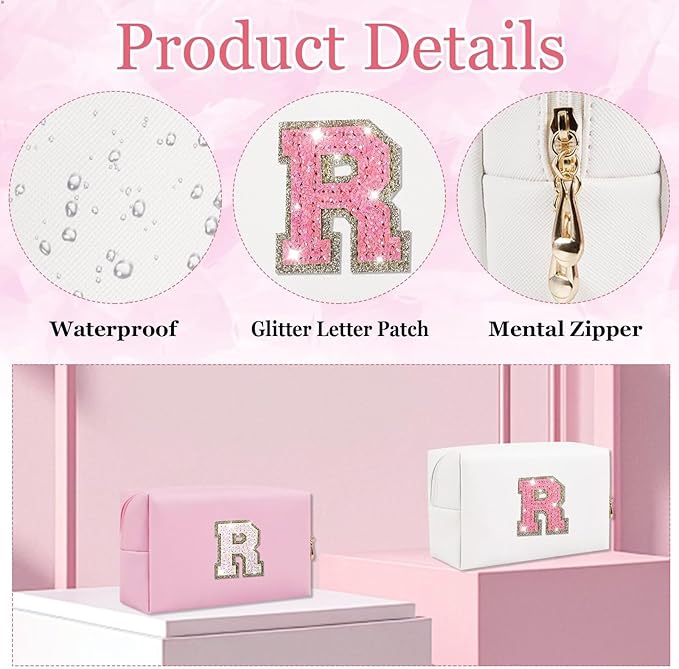 Glitter Initial Letter Makeup Bag, Small Personalized Sequins Letters PU Leather Cosmetic Bag Portable Waterproof Makeup Zipper Pouch, Shine Handbag Organizer Travel Bag Gifts for Women&Girls(White-R)