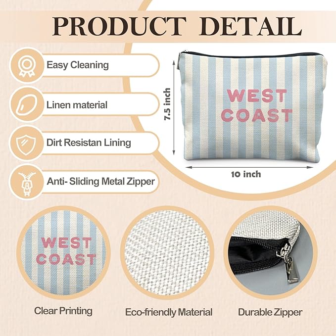 Blue Preppy Beach Makeup Bag, Blue Striped Coastal Cosmetic Bags for Women, Gifts for Beach Ocean Lovers, West Coast Zipper Makeup Pouch