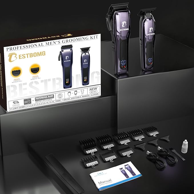 BESTBOMG® Professional Hair Clippers for Men, Professional Barber Clippers and Trimmer Set, Mens Cordless Hair Clipper for Barbers Haircut Kit, BS-808C (Blue)