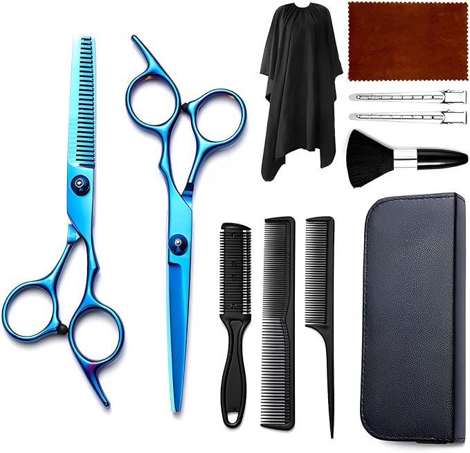 Hair Cutting Scissors Kit 11PCS, Professional Haircut Scissors with Japanese Stainless Steel Shears, Thinning Shears, Haircut Accessories in Leather Case for Salon/Home (Blue)