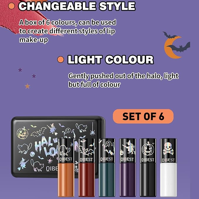 6pcs Matte Liquid Lipstick Makeup Set, Dark Black Green Purple Red Orange White Lip Gloss Kit With Case, Vivid Vampire Velvet Lip Stick for Halloween Cosplay Goth Costume Makeup