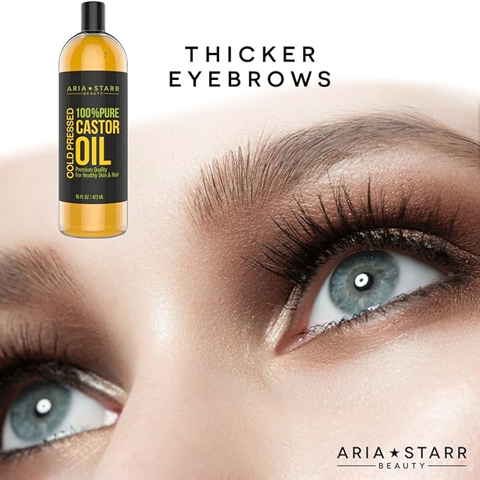 Aria Starr Castor Oil Cold Pressed - 16 FL OZ - 100% Pure Hair Oil For Hair Growth, Face, Skin Moisturizer, Scalp, Thicker Eyebrows And Eyelashes