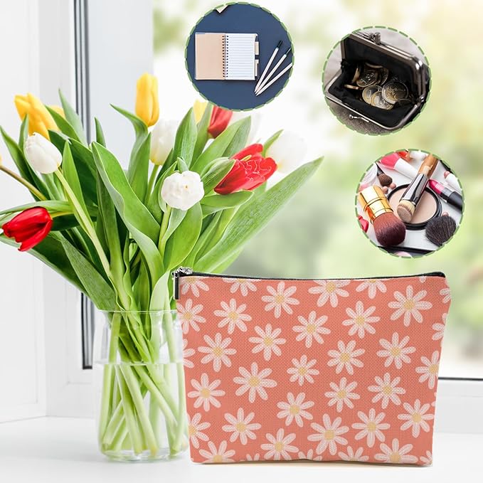 Vintage Daisy Flowers Makeup Bag Floral Cosmetic Bag Friend Friendship Gifts for Women Girls Sister Coworker Bestie Botanical Travel Organizer Zipper Pouch Christmas Thanksgiving Birthday Gifts