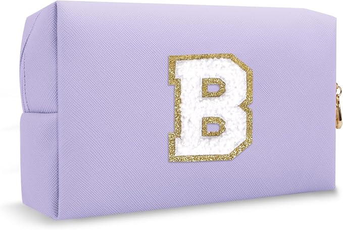 Small Initial Preppy Makeup Bag Organizer, Purple Cute Chenille Letter Make Up Cosmetic Zipper Pouch Toiletry Bags for Traveling,Waterproof PU Makeup Case Personalized Gifts for Bachelorette(Letter B)