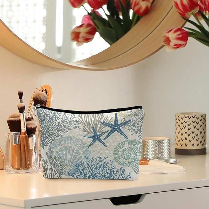 Ocean Starfish Coral Seashell Beach Makeup Bag, Marine Life Sea Animals Cosmetic Bags for Women, Beach Vacation Gifts, Ocean Themed Gifts