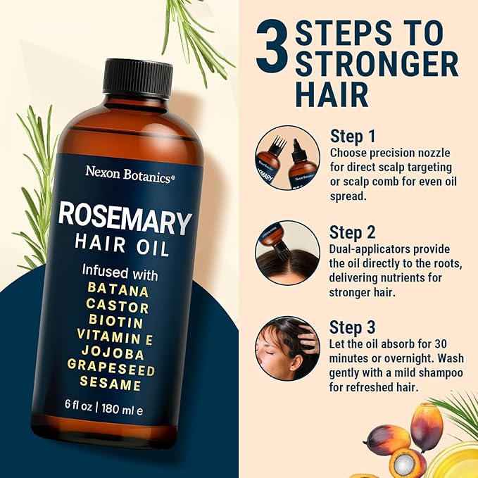 Rosemary Oil for Hair Growth 6 fl oz - Natural Scalp and Hair Oil with Batana, Castor, Biotin, Vitamin E, Grapeseed, Jojoba, Sesame - Aceite de Romero y Batana - Nexon Botanics