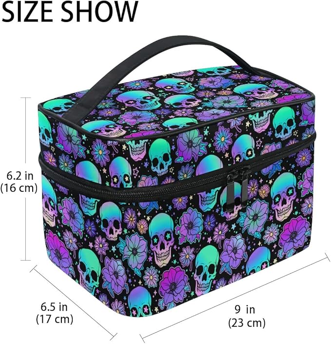 Goth Skull Makeup Bag, Gothic Skull Flowers Makeup Organizer Bags Toiletry Bag Box Travel Cosmetic Bag Make Up Train Case for Women Teen Girl Ladies