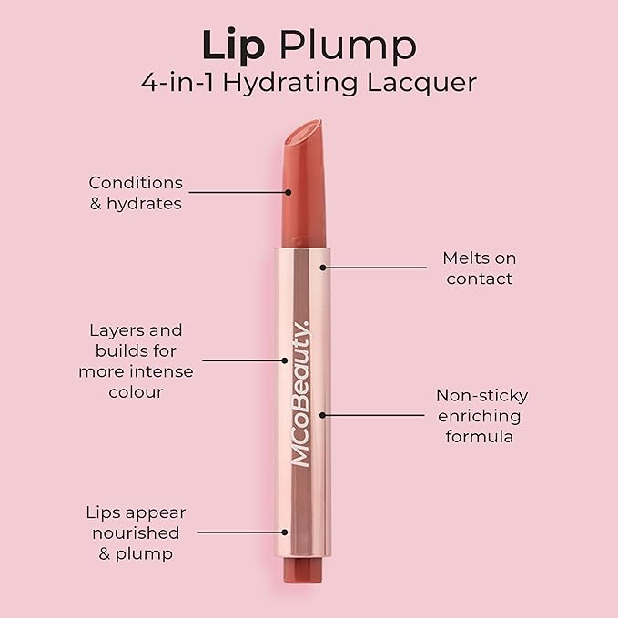 MCoBeauty - Lip Plump 4-in-1 Hydrating Lacquer - Multi-Benefit Lip Color with Shea Butter, Hyaluronic Acid and Click-Pen Format - Lily, Dusty Pink Shade - 2.5ml