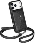 LUCKYCOIN Crossbody Wallet Phone Case for iPhone 17 Pro Max,100% Genuine Leather Wallet Phone Case with Expandable Flip Card Holder,Phone Purse for Women with Adjustable Removable Strap - Pebble Black