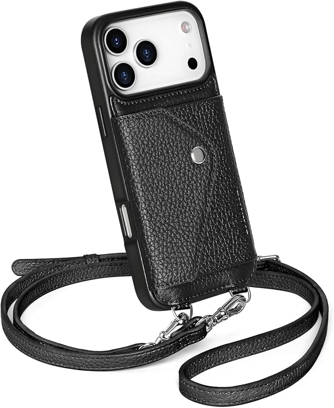 LUCKYCOIN Crossbody Wallet Phone Case for iPhone 17 Pro Max,100% Genuine Leather Wallet Phone Case with Expandable Flip Card Holder,Phone Purse for Women with Adjustable Removable Strap - Pebble Black