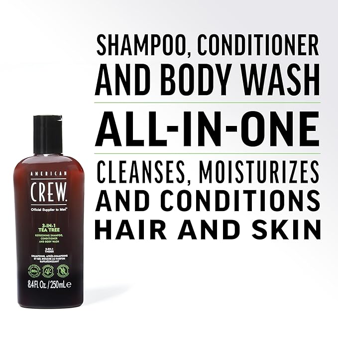 American Crew Shampoo, Conditioner & Body Wash for Men, 3-in-1, Gift for Men, Tea Tree Scent, 8.4 Fl Oz