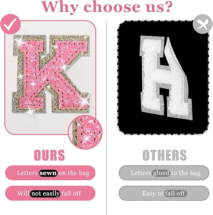 Initial Letter Patch Makeup Bag, Small Preppy A-Z Glitter Cosmetic Bag, PU Leather Waterproof Travel Toiletry Bag,Cute Make Up Pouch Personalized Monogrammed Gift for Women Teen Girls(Letter K)