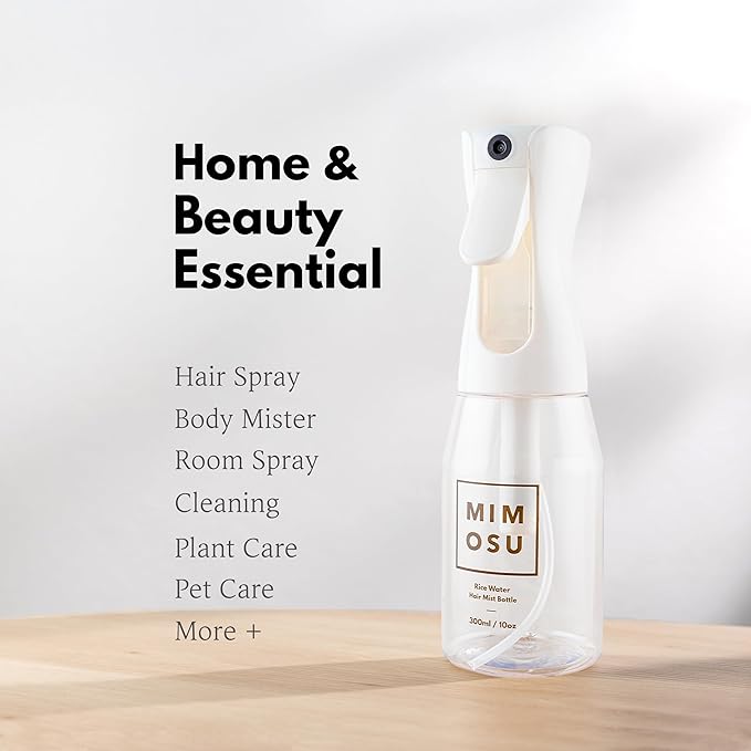 mimosu Continuous Mist Spray Bottle, 10oz – Refillable Sprayer for Hair Styling, Salon, Rice Water DIY, Curly Care Product