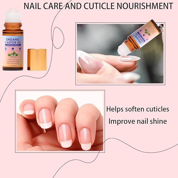 Organic Castor Oil with Rose Quartz Roller, 100% Pure Cold-Pressed, Organic Castor Oil Roll On Rose Quartz, Hexane-Free,Amber Glass Bottle for Skin 1.7oz (1)