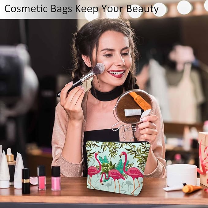 Women Makeup Organizer Bag Flamingo Exotic Flamingo Tropical Palms Flax Cosmetic Bag Makeup Bags Toiletry Bag Accessories Organizer Travel Bags For Home Bathroom Office Hotel Gym Pink Green