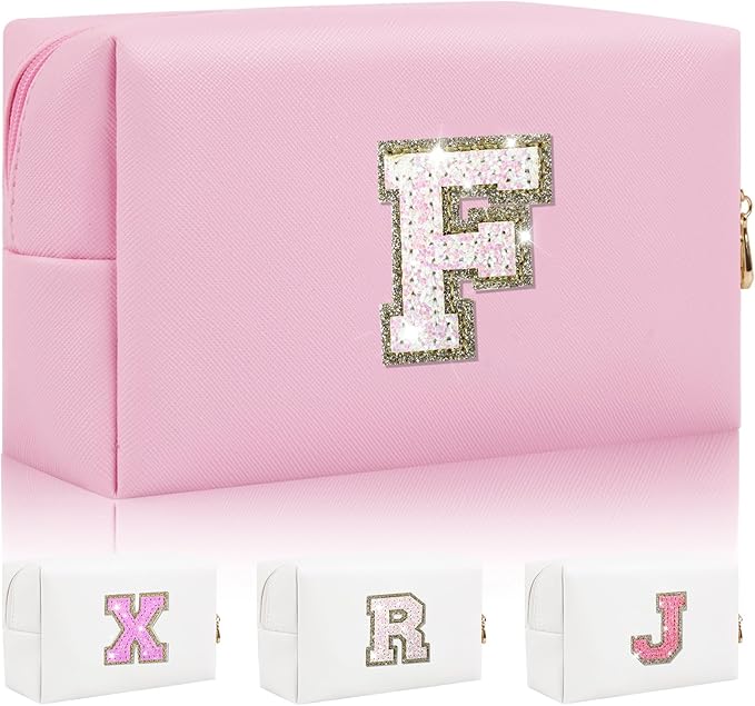Personalized Initial Letter Makeup Bag, Preppy Glitter Letter Patch Cosmetic Pouch Zipper,PU Waterproof Travel Toiletry Bag Cute Makeup Organizer Monogrammed Make Up Bag,Gift for Women Girls(Letter F)