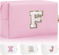 Personalized Initial Letter Makeup Bag, Preppy Glitter Letter Patch Cosmetic Pouch Zipper,PU Waterproof Travel Toiletry Bag Cute Makeup Organizer Monogrammed Make Up Bag,Gift for Women Girls(Letter F)