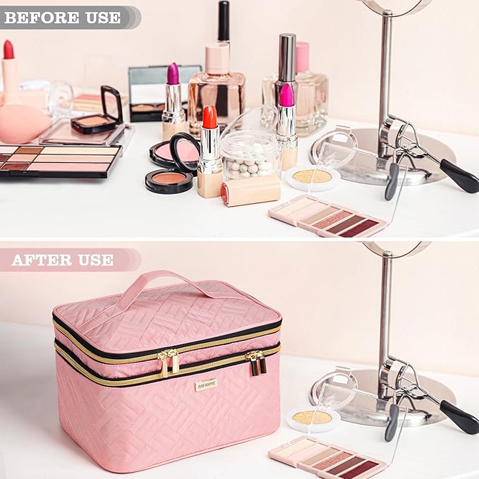 8.8L Double Layer Travel Makeup Bag With Mirror For Women, Large Cosmetic Case, Organizer for Travel-Size Accessories Bottles, Brushes,and Skin Care Products, 2.33 GAL, Pink