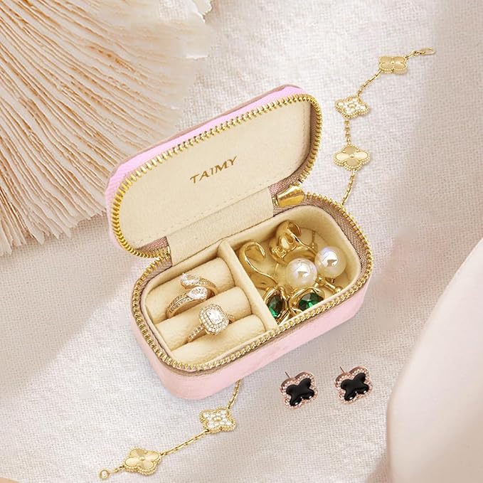 Small Travel Jewelry Case, Mini Tiny Plush Velvet Jewelry Box for Women and Girls, Pocket Size Jewelry holder organizer for Rings Earrings and Small Items(Pink)