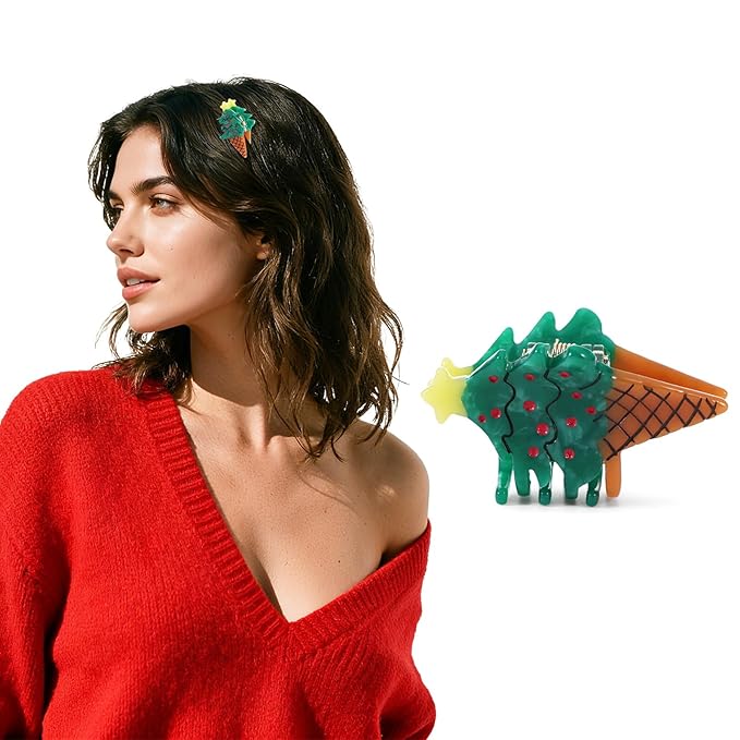 Original Italian Designed Mini Christmas Hair Claw Clips for Women, Strong Grip Plant-Based Acetate Hair Clips for Girls, Cute Christmas Tree Ice Cream Hair Accessories with Gift Box 1pcs
