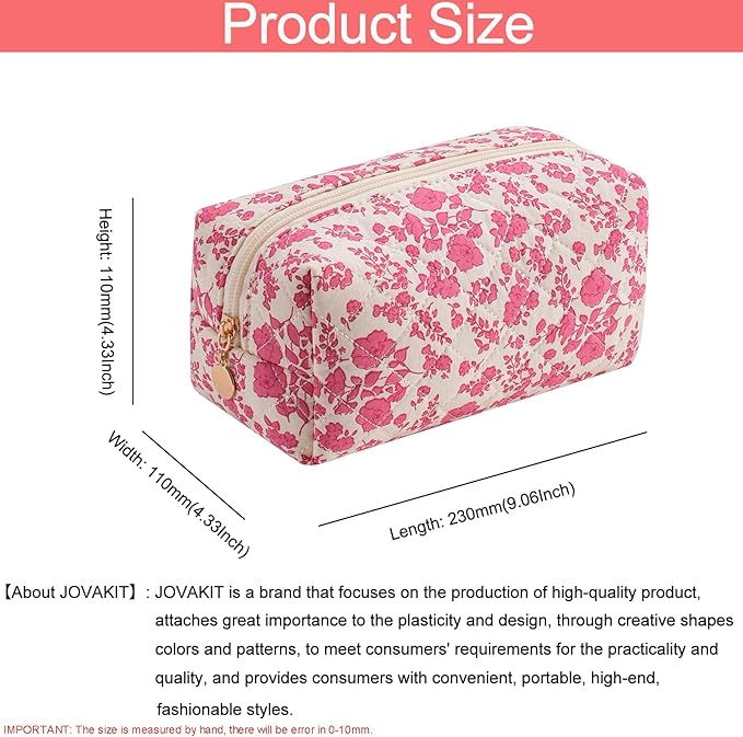 JOVAKIT Square Makeup Bag Cute Cosmetic Bag for Women, Floral Coquette Aesthetic Toiletry Bag, Zipper Make Up Pouch, Travel Make Up Organizer Bag (Blue+Bright Red Floral)