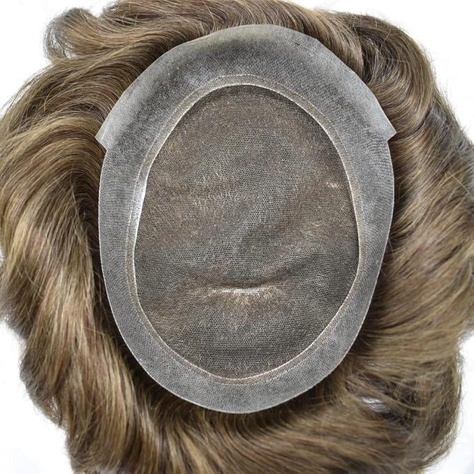 FACE MIRACLE Mens Toupee Lace Front Hairpieces Soft Human Hair Replacement System Natural Hairline Toupee for Men French Lace Poly V-Looped Mens hair Units 8"X10" 5#MEDIUM LIGHT BROWN