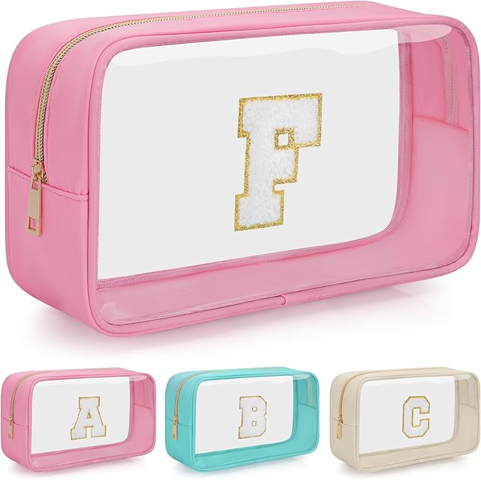 Personalized Initial Clear Makeup Bag, Travel Chenille Patch Cosmetic Bag, Preppy Toiletry Bag Monogram Cosmetic Pouch with Zipper, Ideal Gift for Teen Girls Women (Clear-Pink, F)