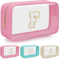 Personalized Initial Clear Makeup Bag, Travel Chenille Patch Cosmetic Bag, Preppy Toiletry Bag Monogram Cosmetic Pouch with Zipper, Ideal Gift for Teen Girls Women (Clear-Pink, F)