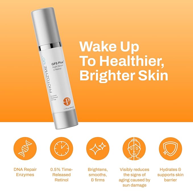 Photozyme DNA Repair Enzymes GFS Plus Facial Night Serum | 0.5% Retinol for Aging Skin, Beauty Skincare Treatment for Fine Lines, Wrinkles, Acne Scars | UV Dark Spot Corrector, Non Irritating | 1.7
