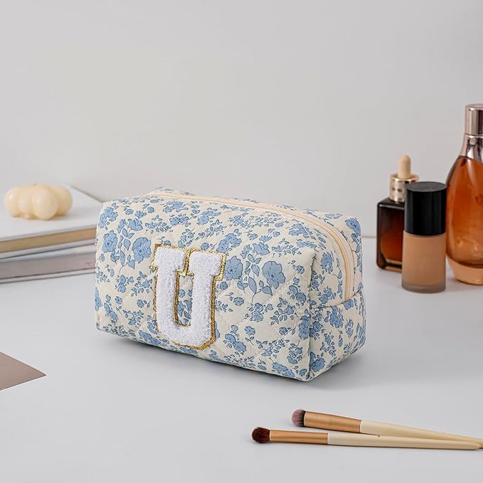 JOVAKIT Alphabet Makeup Bag Cosmetic Bag for Women, Christmas Gifts for Girls Age 6-18, Floral Flowers Coquette Travel Toiletry Zipper Make Up Pouch Organizer Trendy Stuff (Blue Floral U)