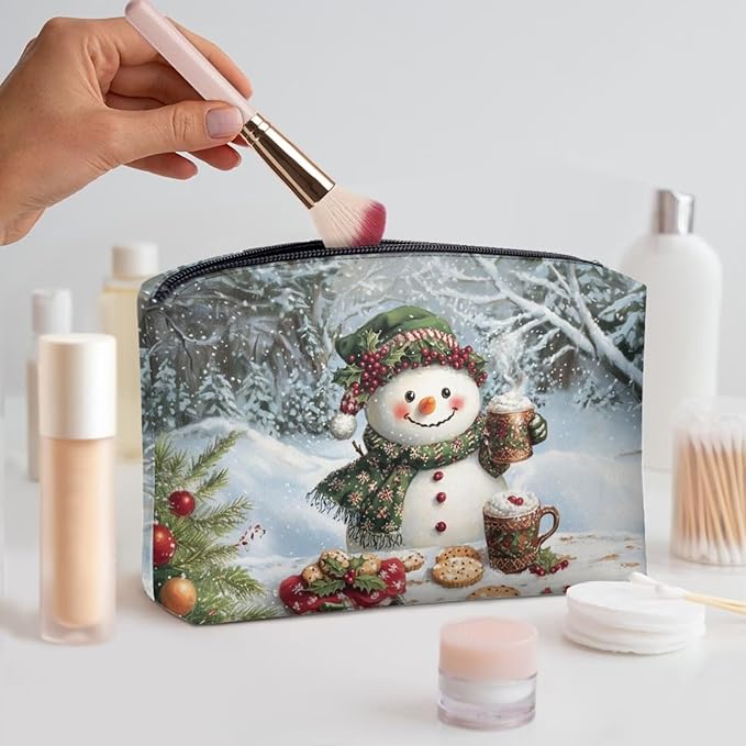COEQINE Snowman Coffee Milk Purse Pouches for Organizing Leather Cosmetic Bag Bulk Small Pencil Pouch for Women Travel Toiletry Bag Floral Makeup Zipper Pouch for Christmas Gifts for Ladies